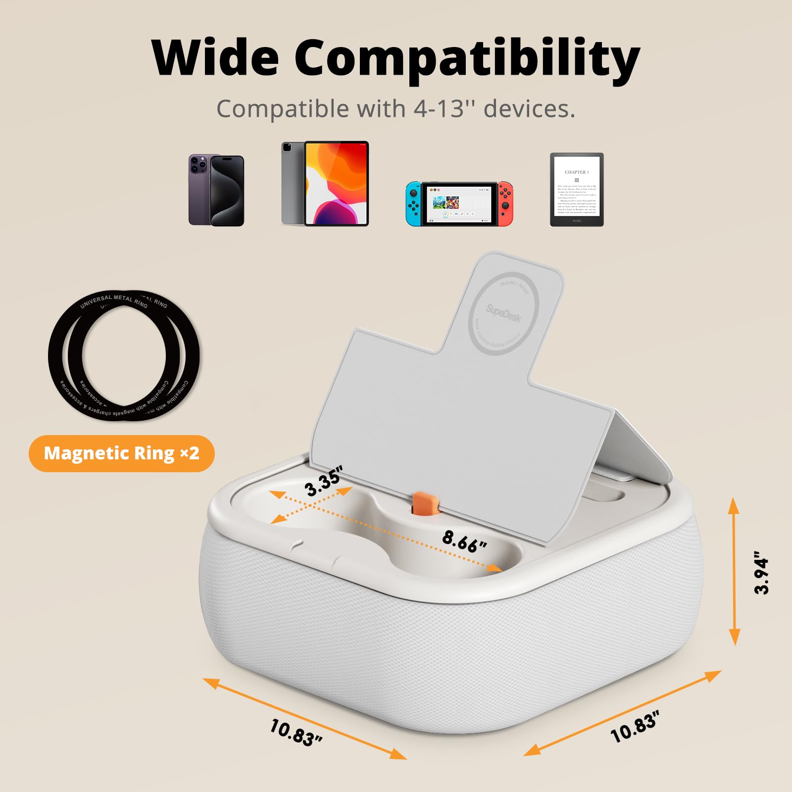SupeDesk Magnetic Tablet Pillow Stand, Lap Tablet Holder with Two Magnetic Rings, Compatible with 4-13" Phones, Tablets, Kindle, Cozy Pillow Stand for Lap, Desk, Bed, Pale Gray