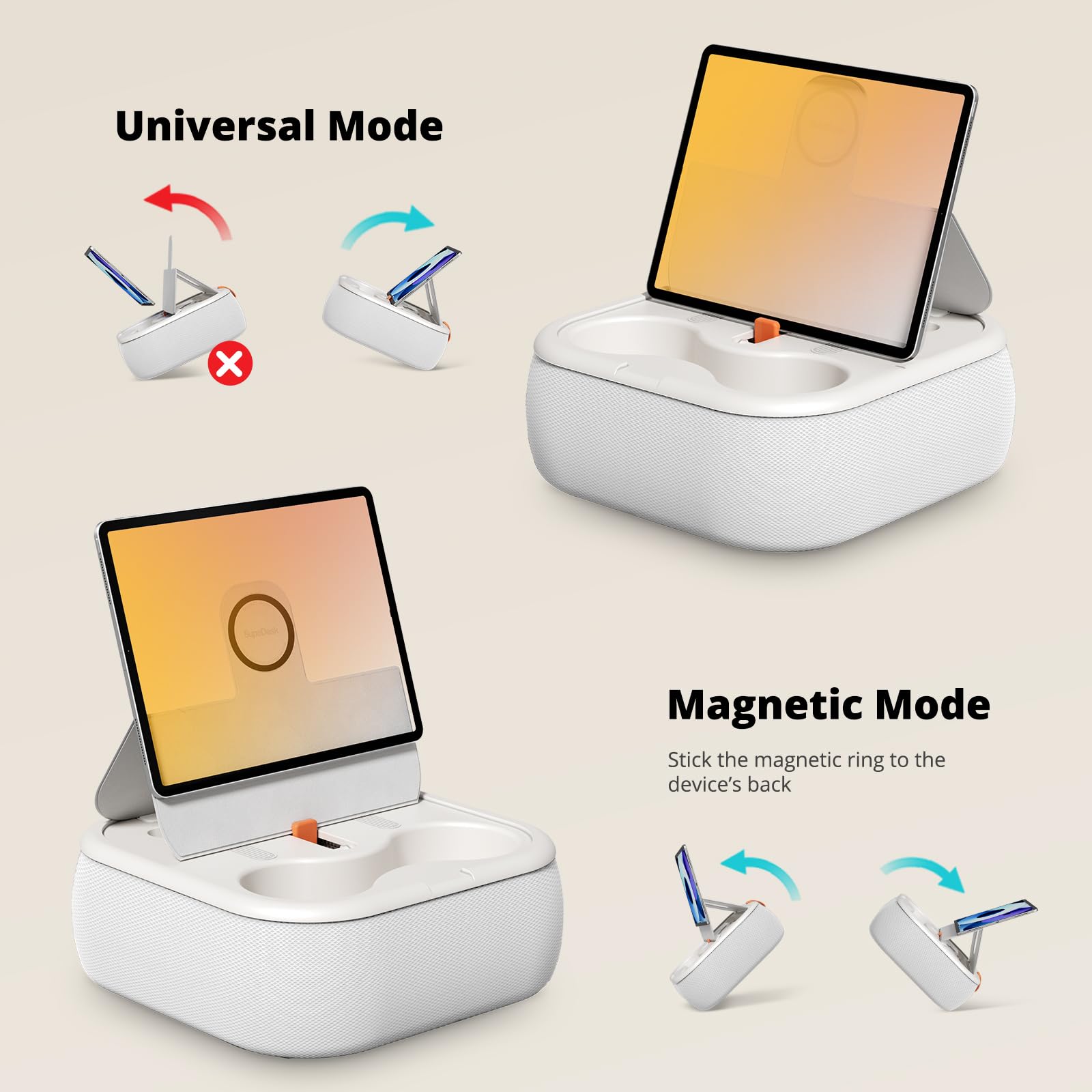 SupeDesk Magnetic Tablet Pillow Stand, Lap Tablet Holder with Two Magnetic Rings, Compatible with 4-13" Phones, Tablets, Kindle, Cozy Pillow Stand for Lap, Desk, Bed, Pale Gray